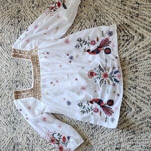 Johnny Was Floral Embroidered White Cotton Squareneck Peasant Blouse Size Small
